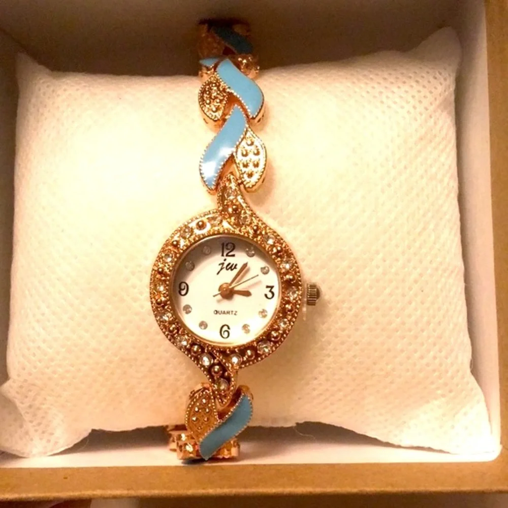 Delicate Blue Opal W/Rhinestones Decorating Outer Trim Bracelet Jewelry Watch